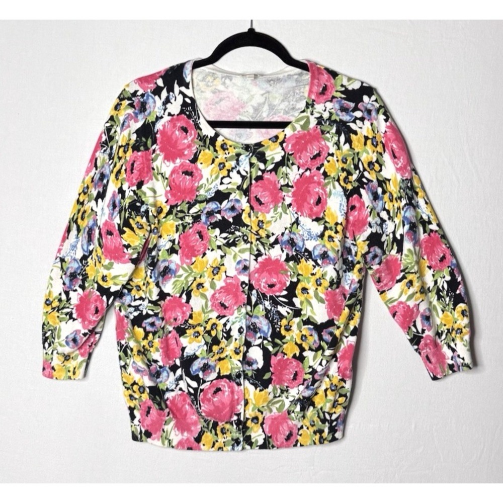 Talbots Cardigan Sweater Sz L Pink Dark Floral 3/4 Retro‎ Cottage Rockabilly